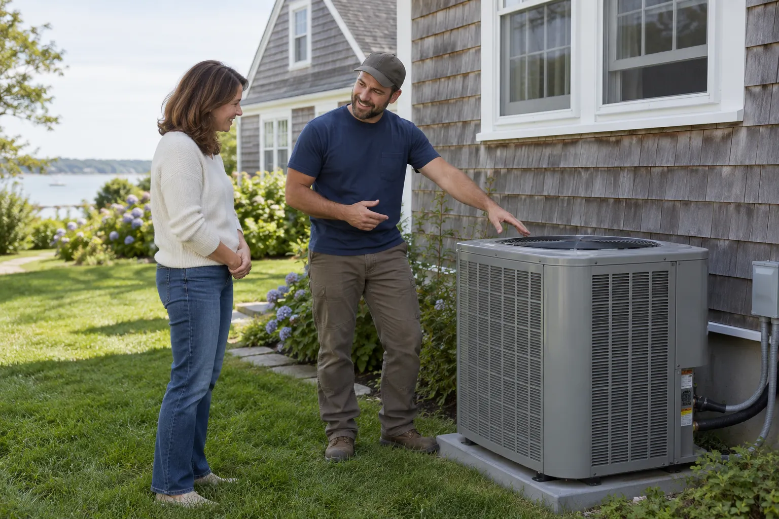 Friendly HVAC provider and homeowner looking at a new outdoor AC unit beside a home in the Buffalo area