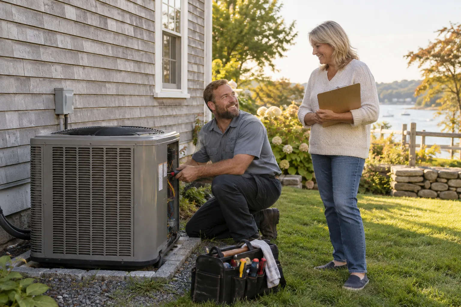 A friendly local provider checking an outdoor AC unit beside a Buffalo home with a homeowner nearby