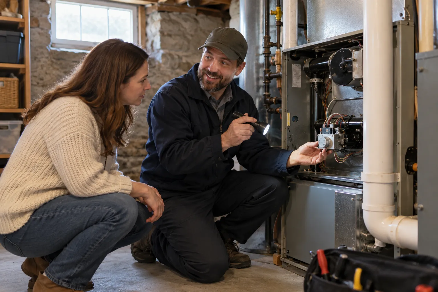 A friendly local provider checking a gas furnace in a home basement in the Buffalo area