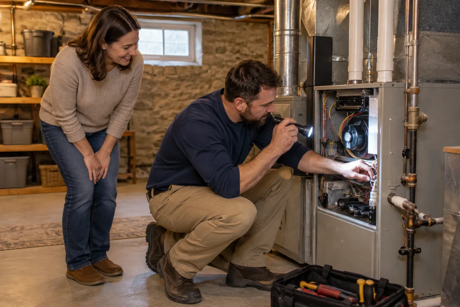 A provider checking a furnace in a home basement in the Buffalo area
